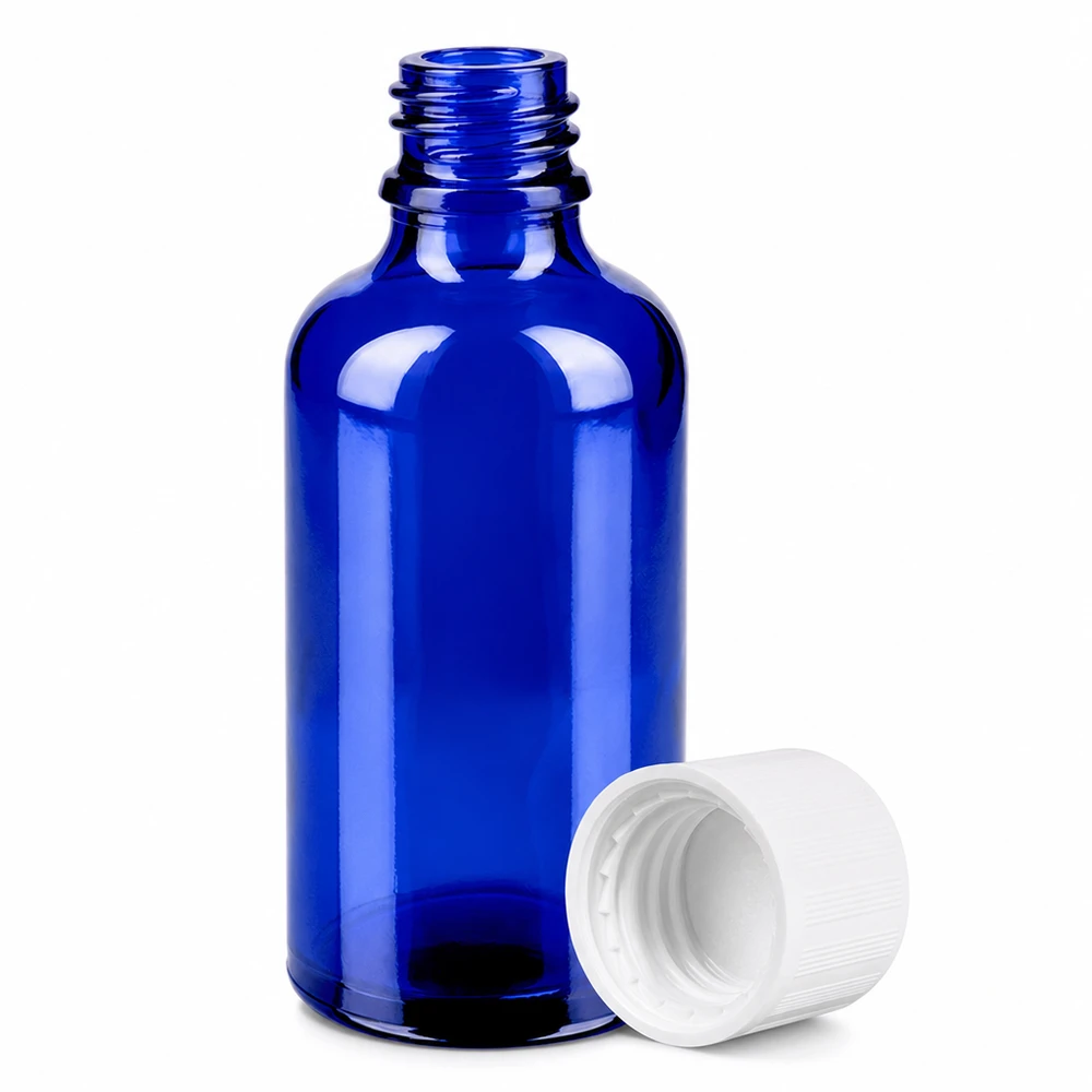 Frasco de vidrio azul cobalto de 50 ml con rosca para aplicaciones farmacéuticas y cosméticas