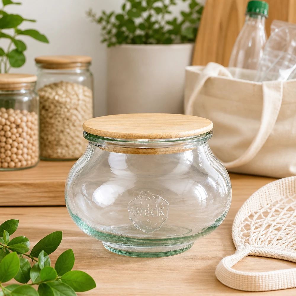 Tarro de joyas WECK RR80 de 560ml con tapa de madera WECK tarro de joyas 560ml RR80 tarro de almacenaje vacío con tapa de madera en cocina sostenible de residuo cero con bolsas de yute
