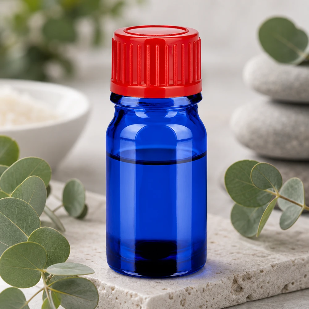 Frasco de vidrio BlueLine de 5 ml de alta calidad con un robusto tapón de plástico rojo para un almacenamiento seguro