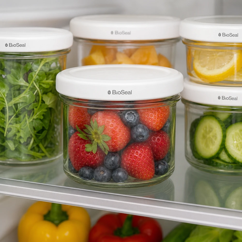 Juego de vasos UNiTWIST de 125 ml para conservar en el frigorífico alimentos frescos, fruta y verdura TO66 con tapa BioSeal