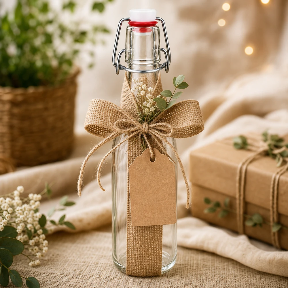 Botella de vidrio de 250ml + tapa oscilante de porcelana UNiTWIST 250ml Glasflasche mit Bügelverschluss als Geschenk dekoriert mit Juteschleife, Anhänger und getrockneten Blumen