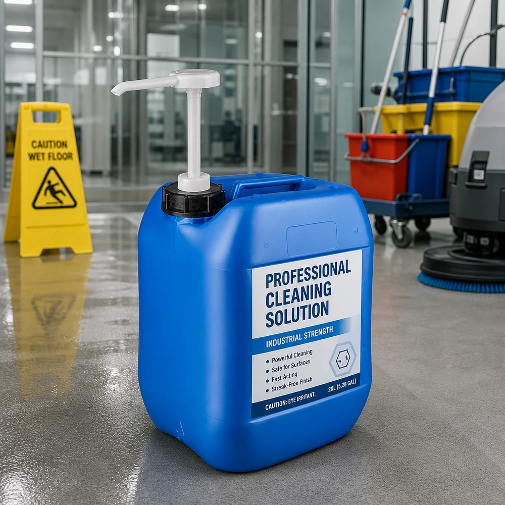 Bidon 10 litros azul con bomba dosificadora Bidón de limpieza azul de 10 litros con bomba dosificadora para uso profesional en suelos industriales