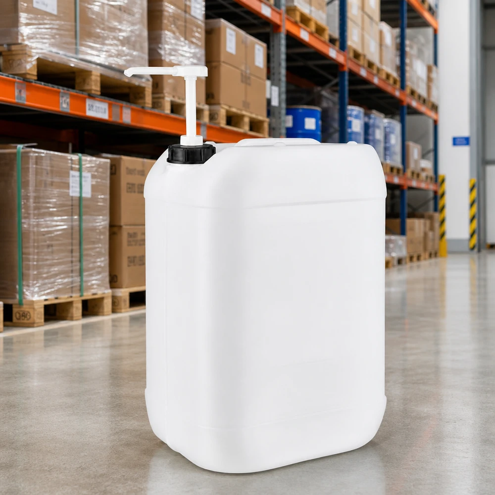 Bidón de 25 litros apto para alimentos con dosificador de bomba, fabricado en plástico HDPE blanco, disponible en el almacén