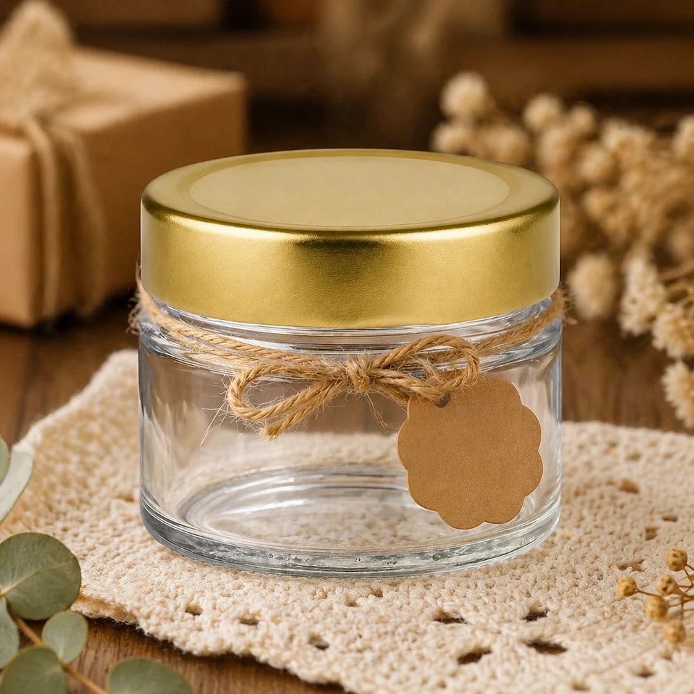 Tarro redondo de 80ml con tapa BasicSeal dorado profundo UNiTWIST Tarro redondo de 80 ml con tapa BasicSeal decorativo dorado profundo sobre manta de ganchillo con lazo de yute y etiqueta de regalo