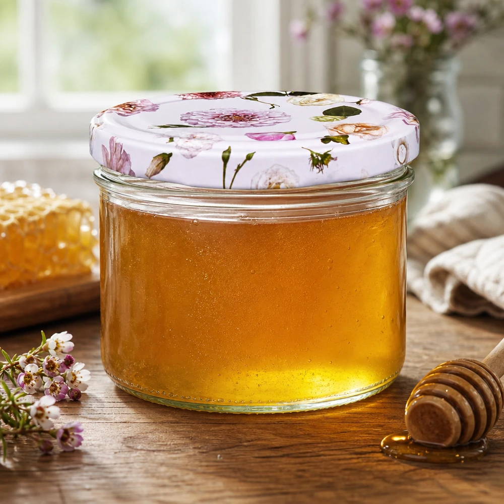 Tarro cilíndrico de 230 ml + tapa BasicSeal rosa flor Tarro de miel 230ml con tapa BasicSeal flor rosa - miel dorada con cuchara de miel y panal en cocina