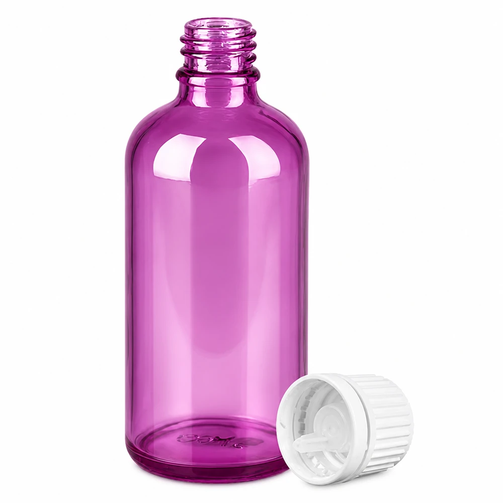Frasco cuentagotas de 100 ml 0,7 mm blanco Originalidad tapón de rosca PurpleLine UT18/100 Frasco cuentagotas de plástico morado de 100 ml con abertura dosificadora de 0,7 mm para aceites esenciales