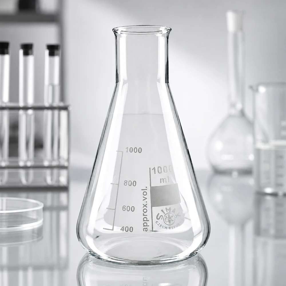 Matraz Erlenmeyer de 200 ml y cuello ancho de vidrio resistente al calor para síntesis y reacciones