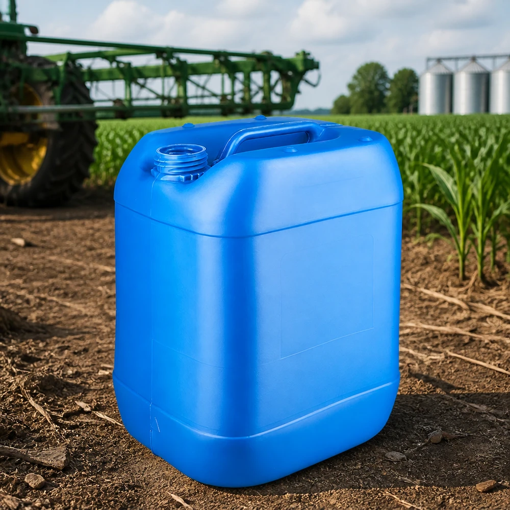 Bidón azul de 20 litros sin tapón, utilizado en el ámbito agrícola junto a un pulverizador agrícola
