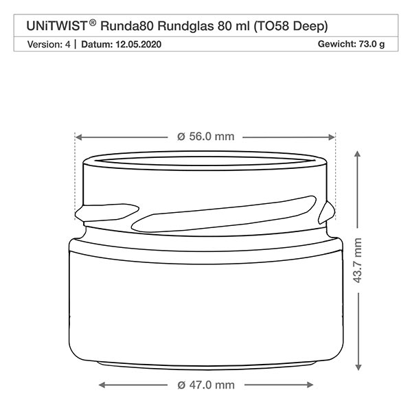 UNiTWIST vaso redondo 80ml TO58 Deep con dimensiones 56mm diámetro y 43.7mm altura dibujo técnico