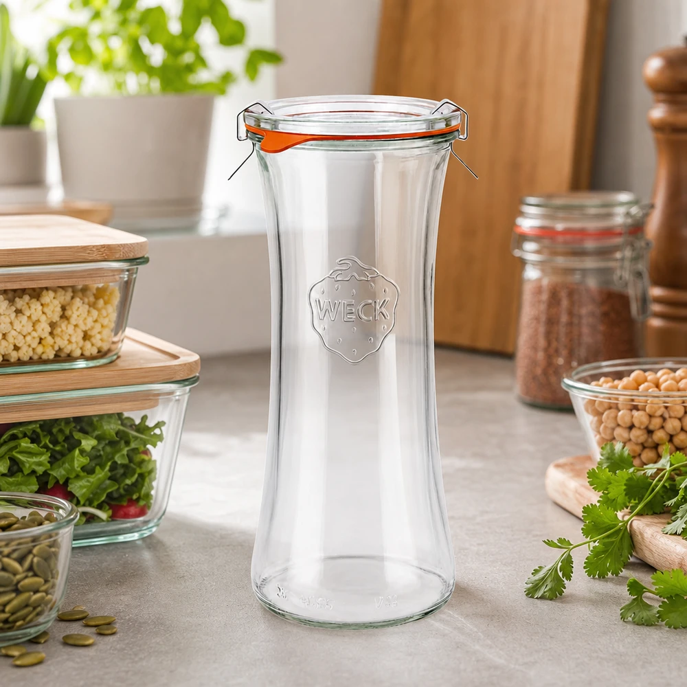 Tarro completo para delicatessen de 700ml WECK RR80 WECK 700ml tarro delicatessen RR80 vacío con tapa en una cocina moderna entre tarros de almacenamiento y hierbas frescas