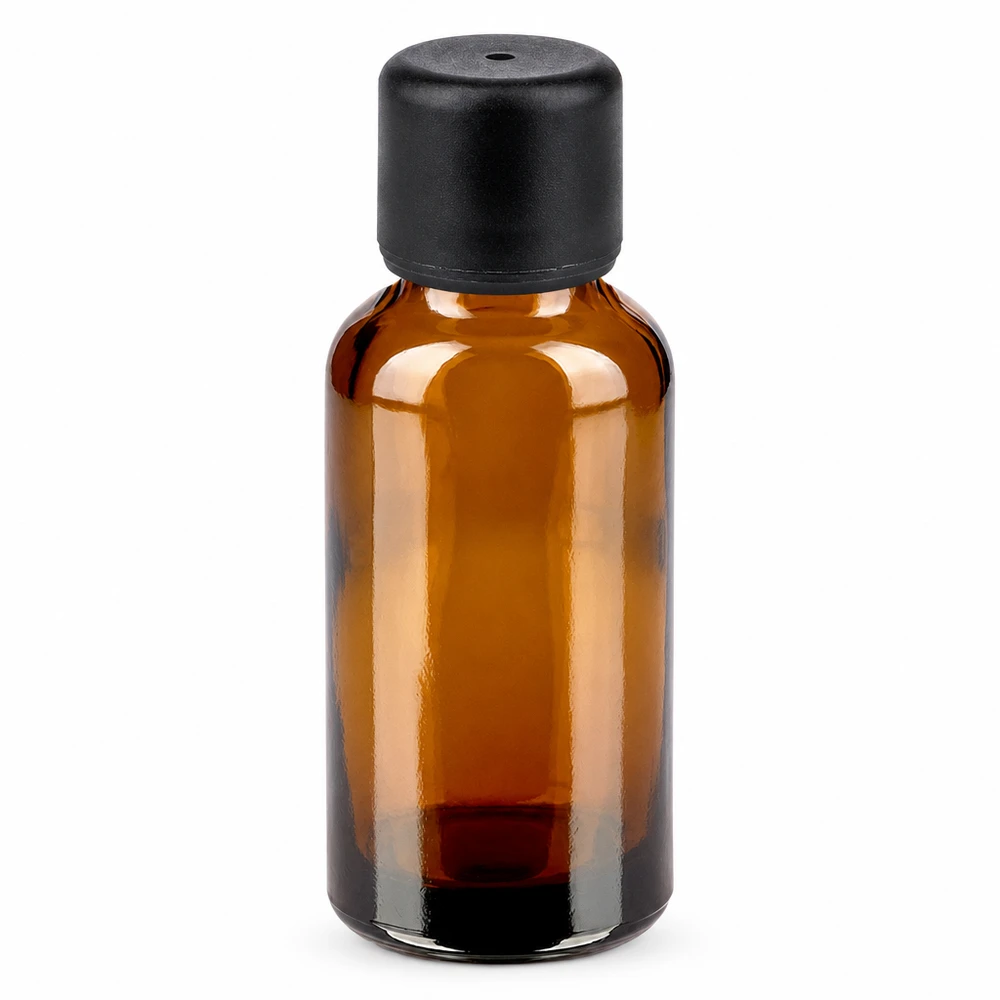 Frasco de vidrio marrón de 30 ml con tapón de rosca negro para aceites esenciales y cosméticos