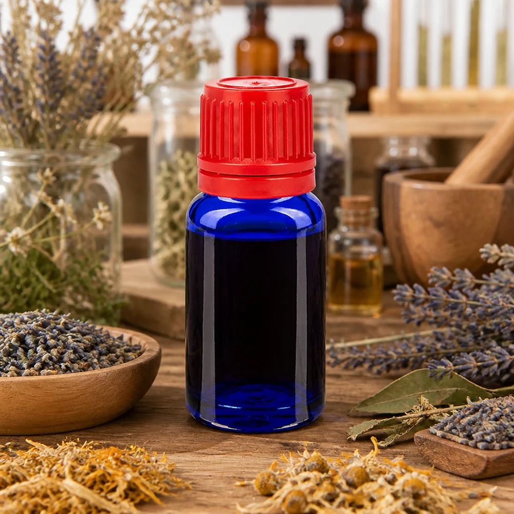 Frasco boticario azul de 10 ml con tapón rojo de 11 mm para remedios homeopáticos y esencias