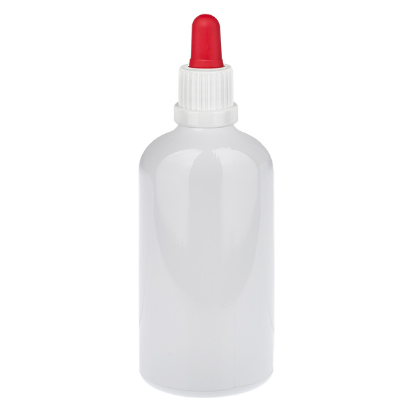 Frasco con pipeta de 100 ml blanco/rojo, tapón de seguridad WhiteLine UT18/100 Frasco con pipeta de 100 ml blanco/rojo, tapón de seguridad WhiteLine UT18/100