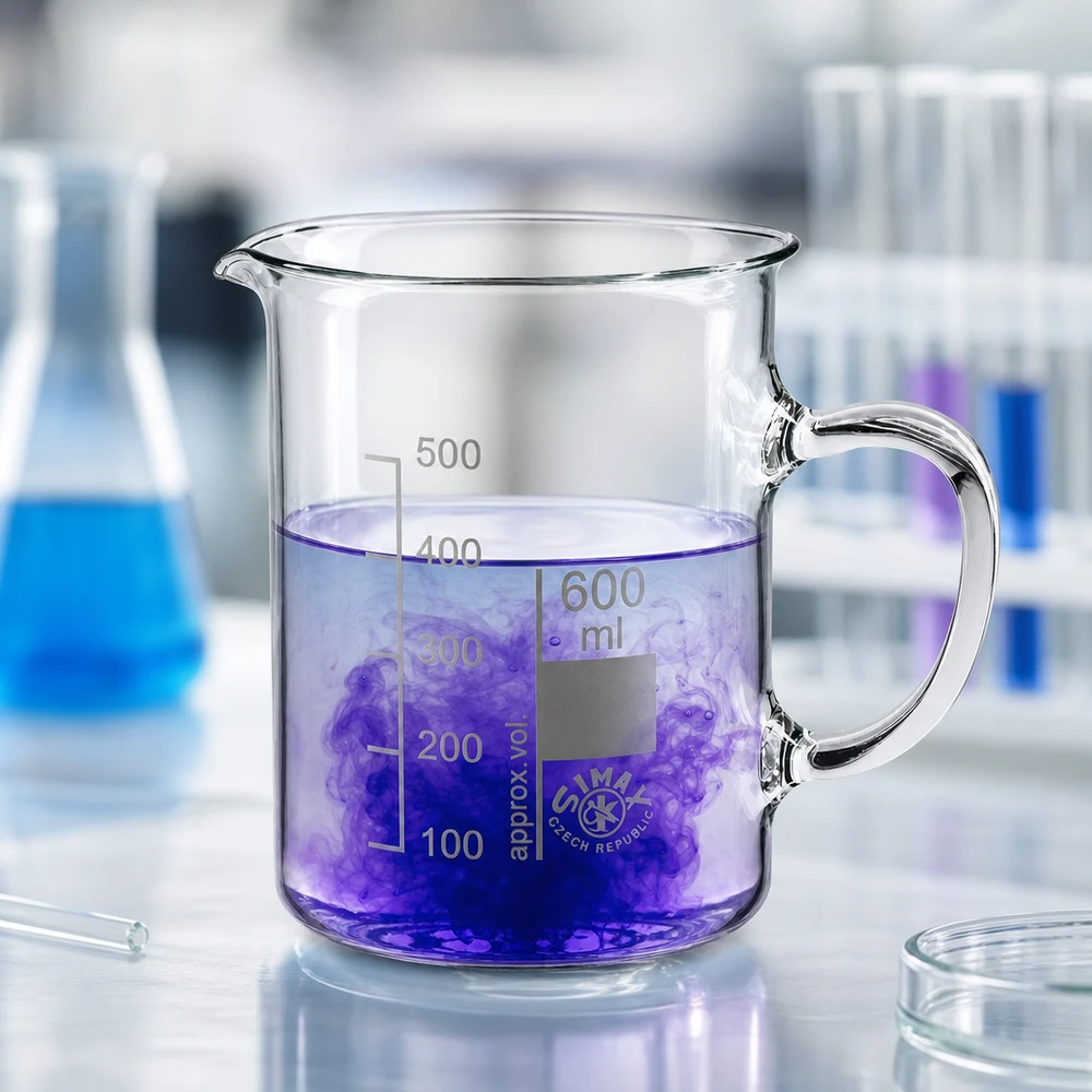 Vaso de precipitados de 600 ml con asa, fabricado en vidrio borosilicato resistente al calor, con líquido de color lila