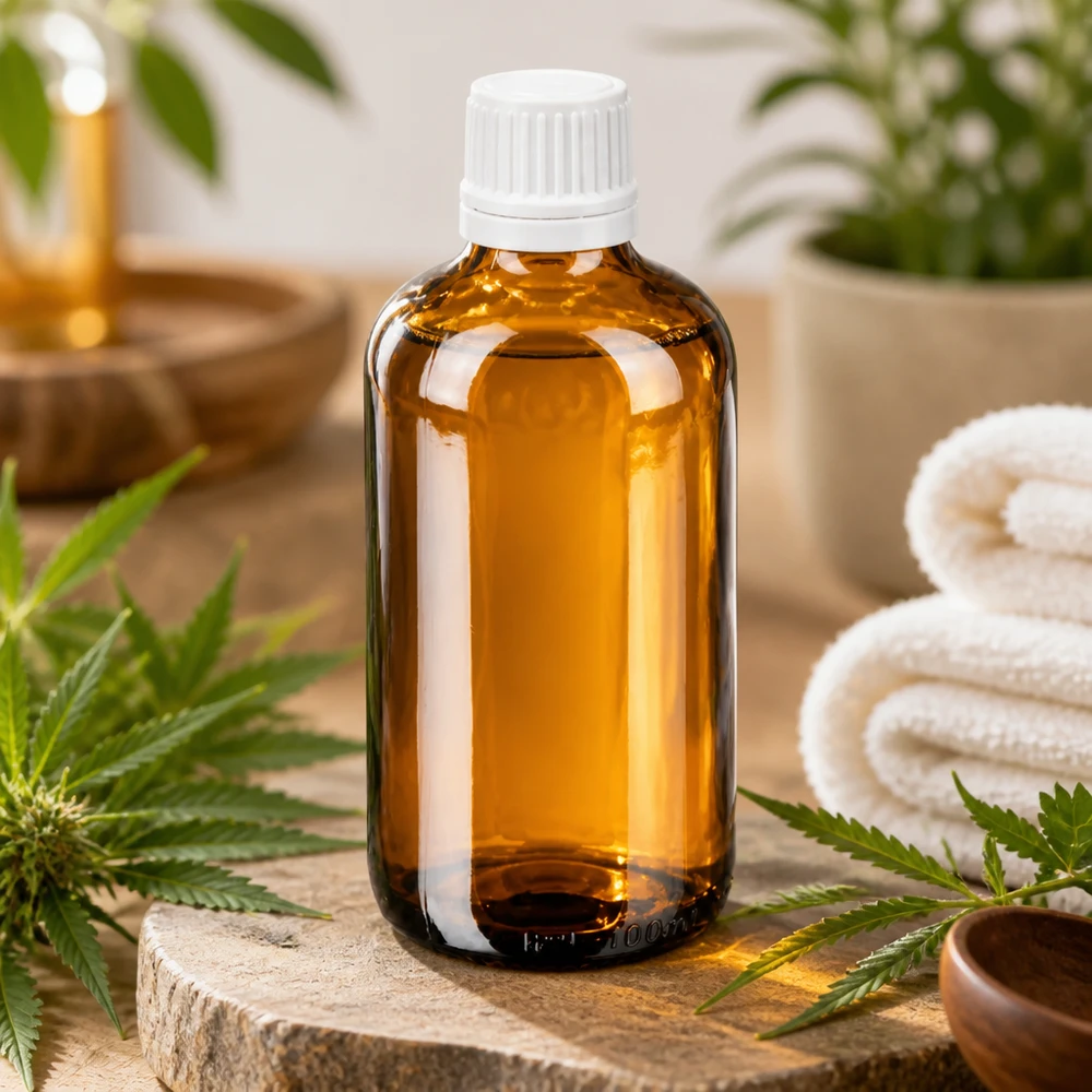 Frasco cuentagotas de vidrio ámbar de 100 ml con tapón de seguridad para niños de color blanco, entre hojas de cannabis