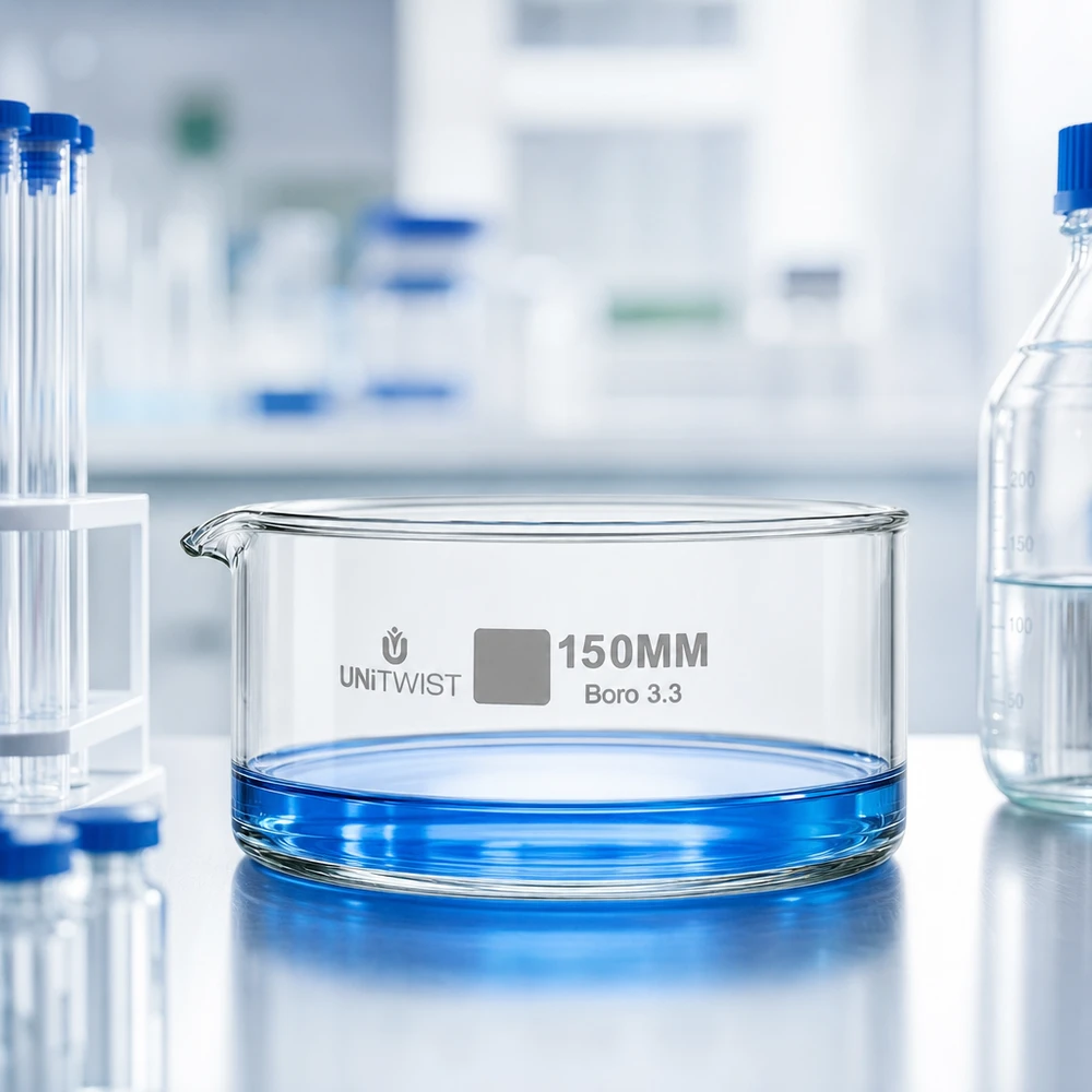 Cristalera ø150mm vidrio borosilicato UNiTWIST Bandeja de cristalización de 150 mm UNiTWIST con un líquido azul, rodeada de tubos de ensayo en el laboratorio
