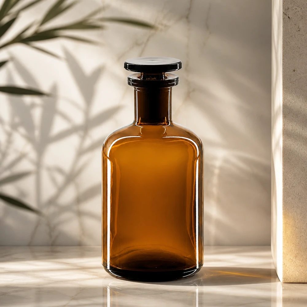 Botella de vidrio de color ámbar de 100 ml, de cuello estrecho con tapón y protección UV para sustancias sensibles a la luz