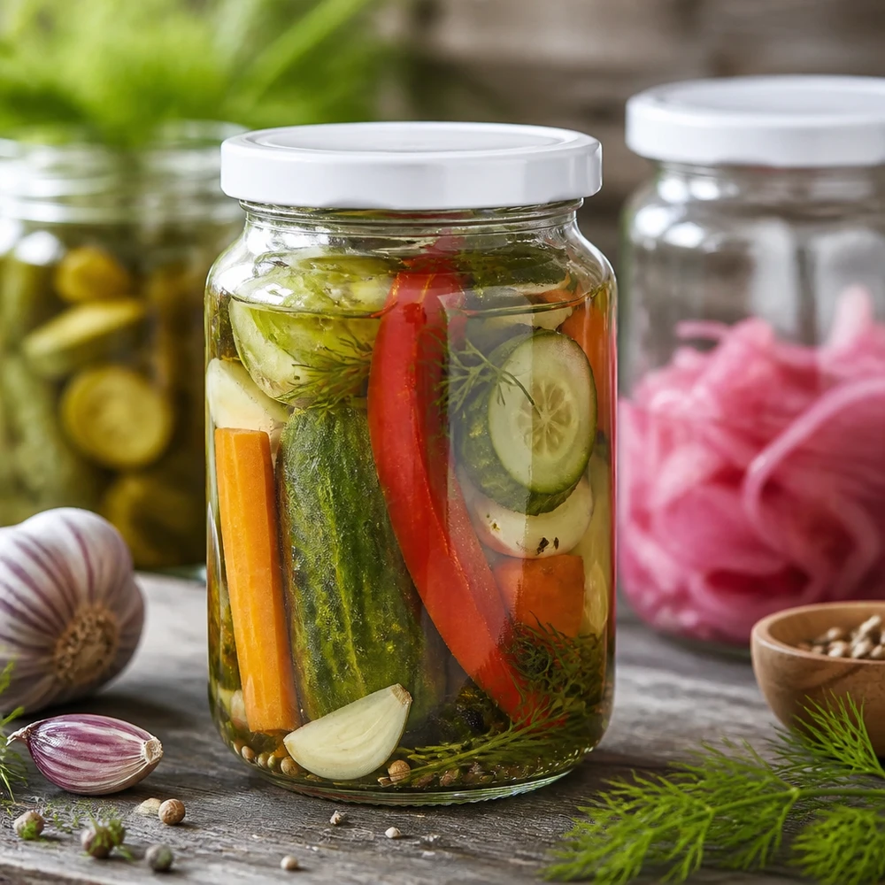 Tarro redondo UNiTWIST de 382 ml con tapa blanca BasicSeal lleno de verduras mixtas en escabeche zanahorias pimientos cebollas