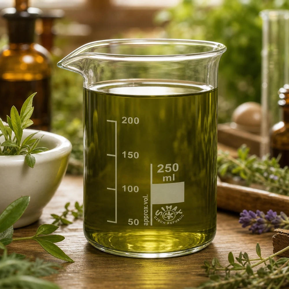 Vaso de 250 ml de vidrio borosilicato, alto Vaso de precipitados de 250 ml, de forma alta, con una solución de extracto de hierbas de color verde amarillento, rodeado de hierbas medicinales frescas
