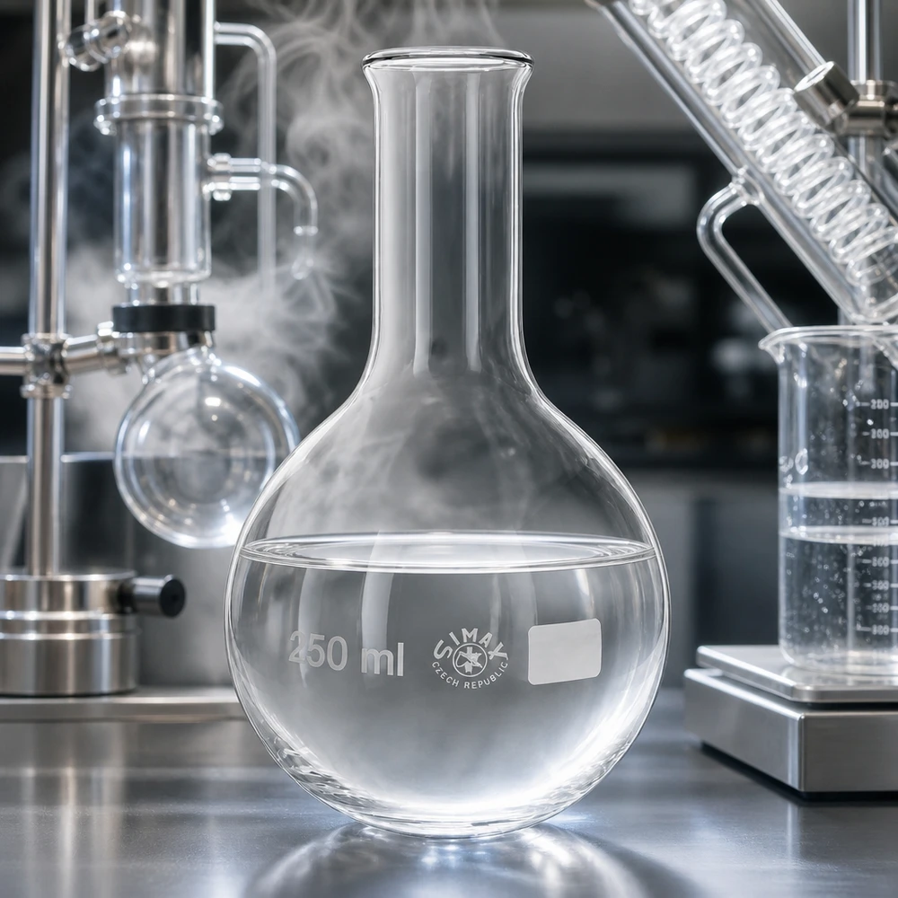 Frasco de vidrio vacío de 250 ml y cuello estrecho con el logotipo de Simax para trabajos profesionales de laboratorio