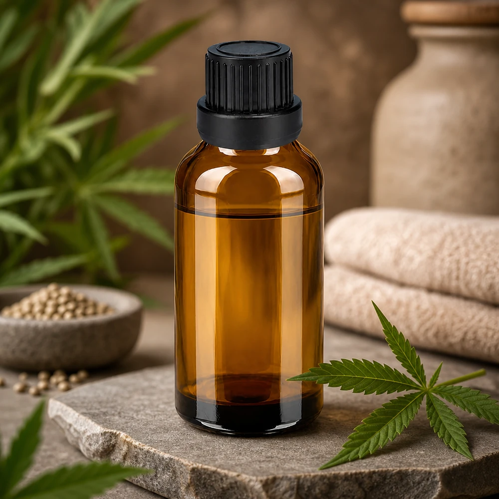 Pequeño frasco de vidrio de 30 ml con tapa negra ideal para viajar y para llevar