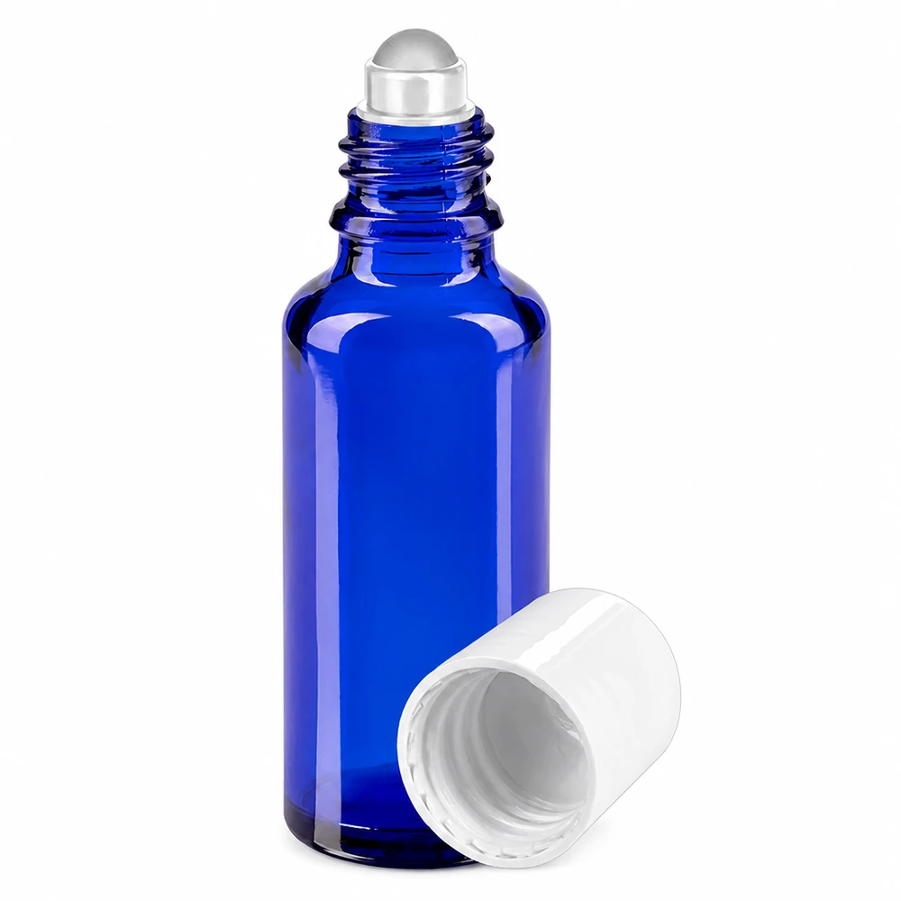 Botella de farmacia azul 30ml tapón roll-on blanco Frasco azul de 30 ml con aplicador de bola, tapón blanco y bola de cristal de farmacia