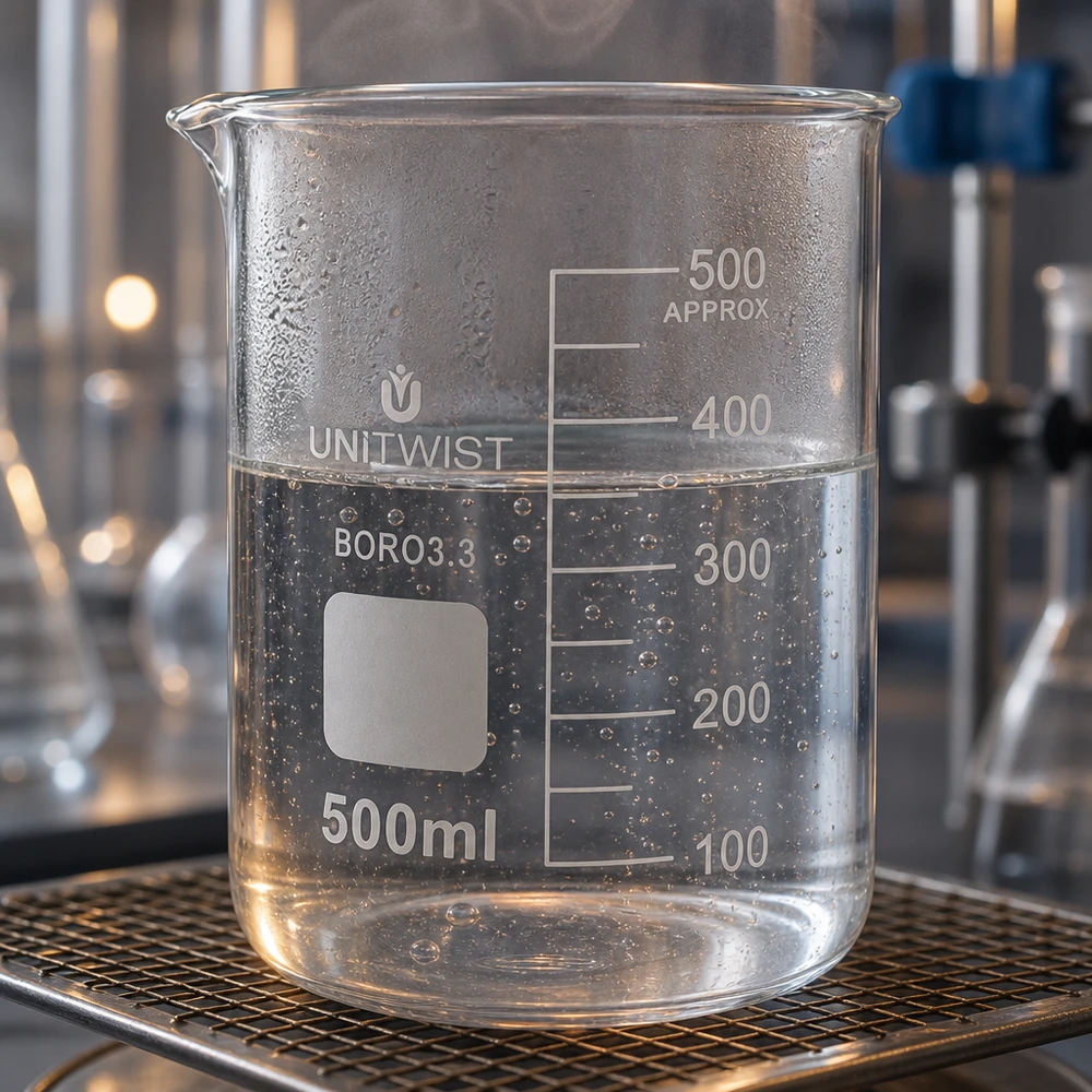 Vaso de precipitados de laboratorio transparente de 500 ml UNiTWIST BORO3.3 sobre una rejilla metálica, lleno de agua