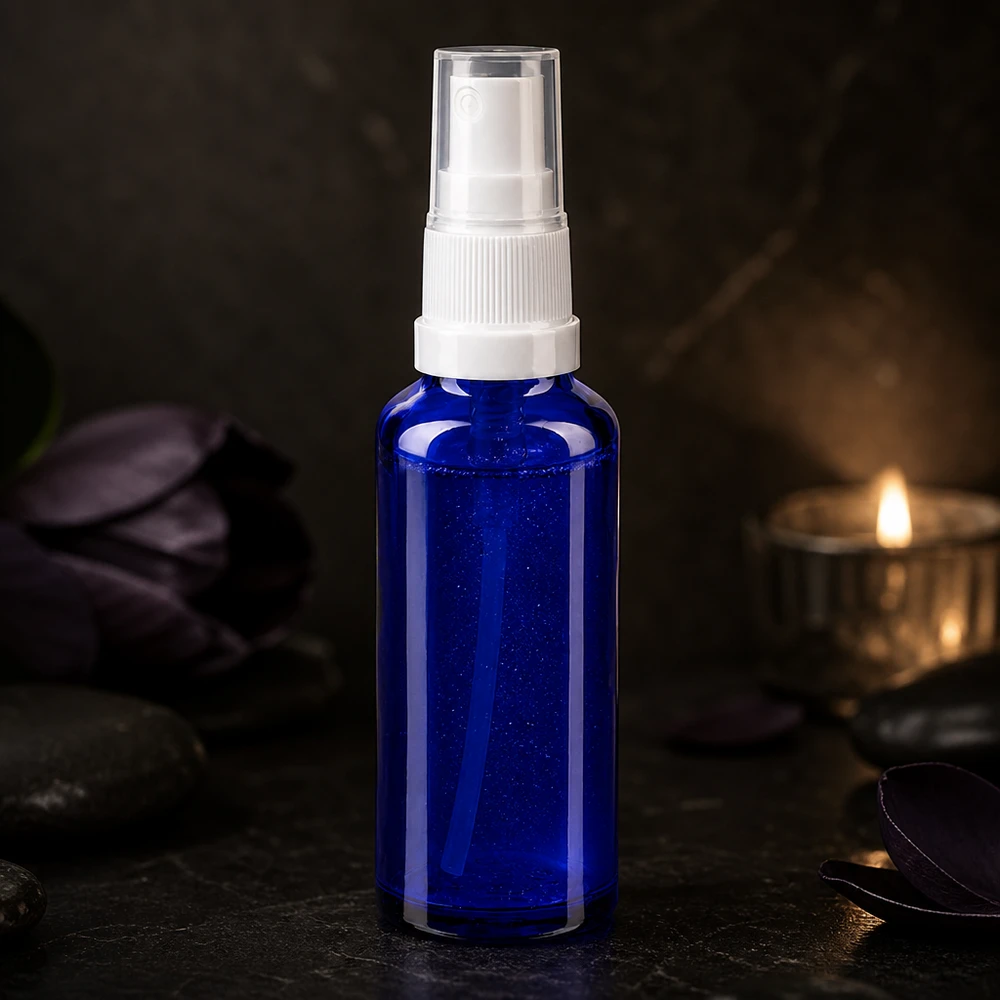 Botella pulverizadora de 10 ml de color azul cobalto, fabricada en vidrio de farmacia, con cabezal de dosificación blanco sobre un fondo oscuro de spa