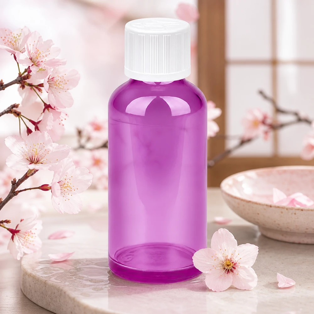 Frasco violeta de 50 ml con cuello de 11 mm y tapón de seguridad para productos de bienestar