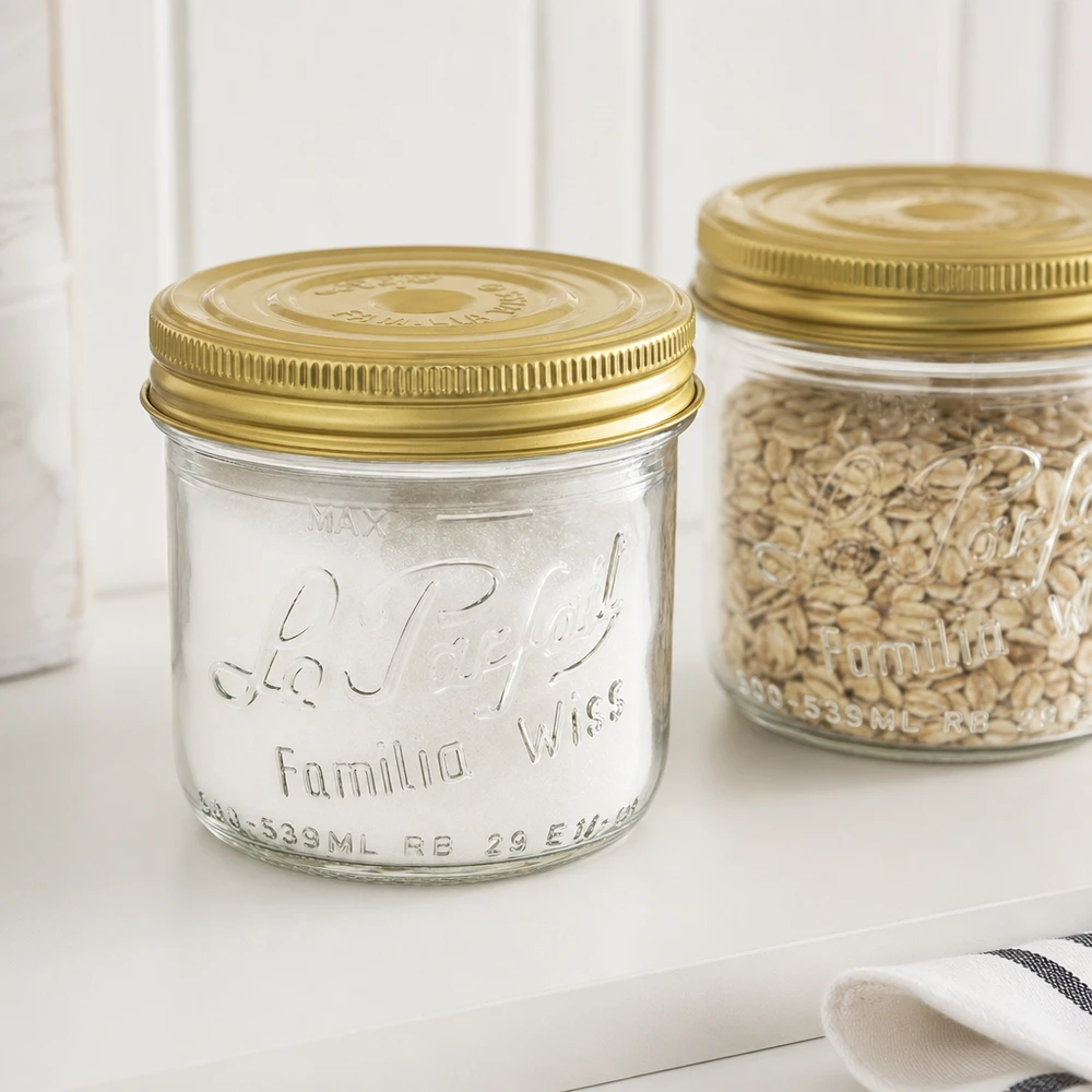 Vasos Familia Wiss de 539 ml con tapa dorada y tarro de conserva con cereales sobre una superficie blanca