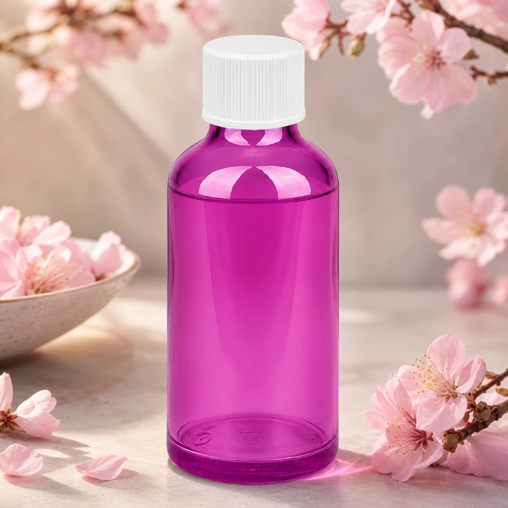 Frasco de 50 ml con tapón de rosca de 11 mm blanco estándar PurpleLine UT18/50 Elegante frasco de 50 ml en violeta transparente con tapón blanco para productos cosméticos de alta calidad