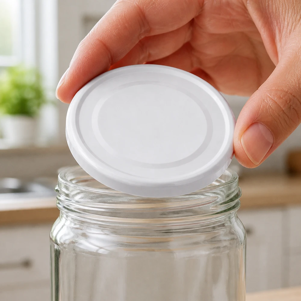 La tapa UniTwist BasicSeal TO43 de 43 mm, de color blanco, se coloca sobre un tarro de conserva vacío.