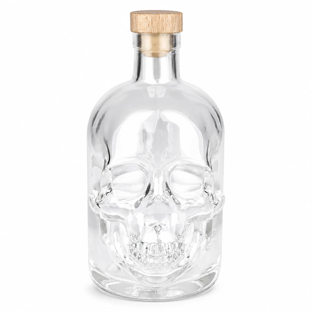 Botella de cristal Jack de 500 ml con diseño de calavera y tapón de madera, botella de licor vacía de cristal transparente