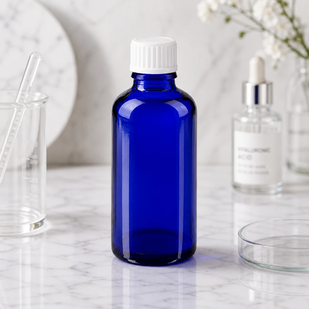 Frasco de farmacia azul cobalto de 50 ml con tapón estándar blanco y un grosor de pared de 3 mm