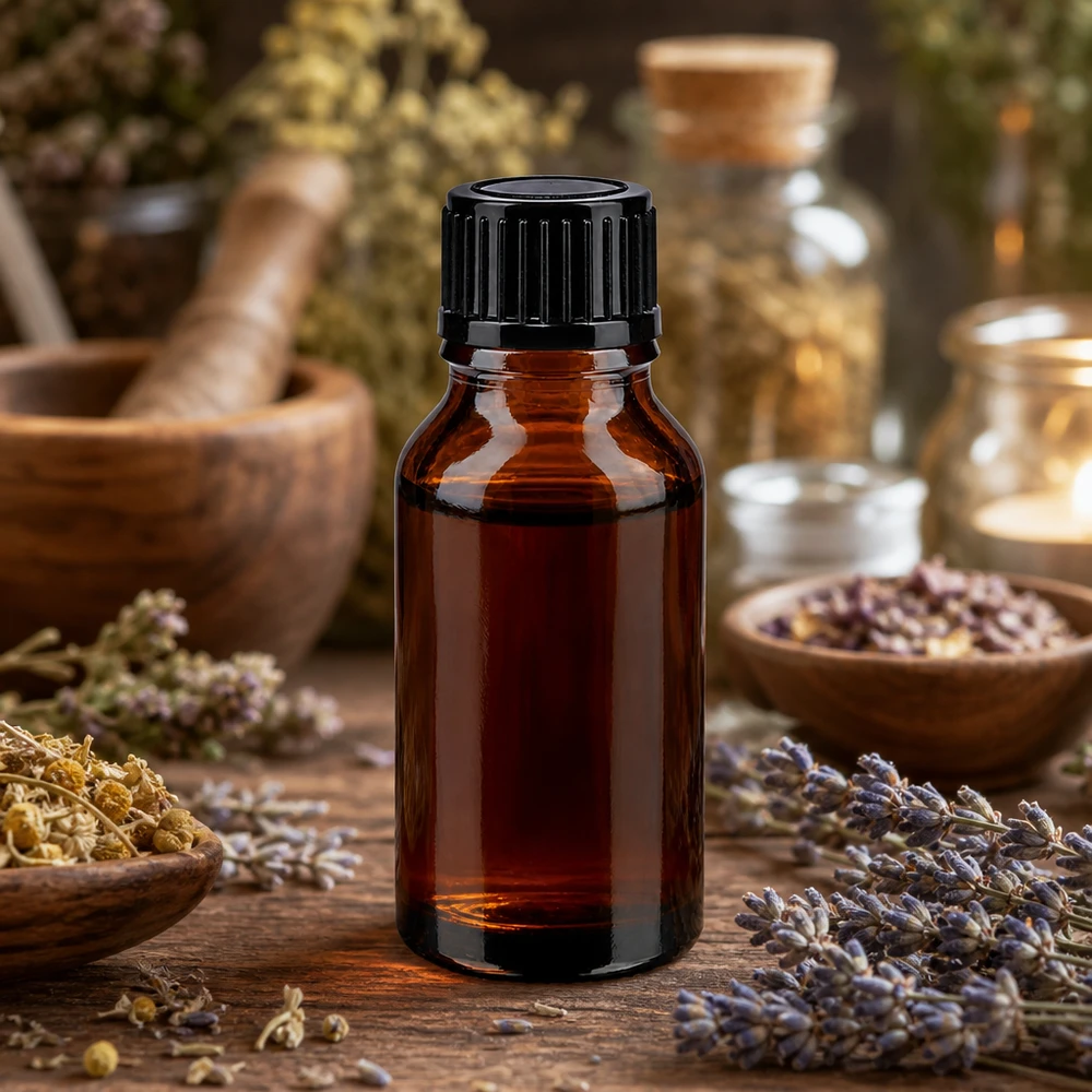 Frasco de vidrio ámbar con protección contra la luz, de 15 ml, con tapón cuentagotas negro, rodeado de lavanda y hierbas