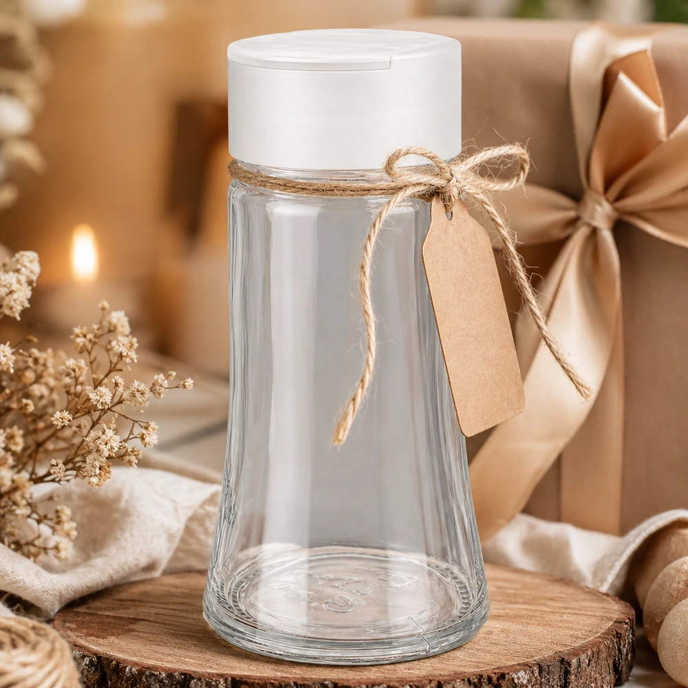 Frasco transparente para especias de 95 ml con tapa blanca de doble dosificador, cinta de regalo y etiqueta de papel kraft