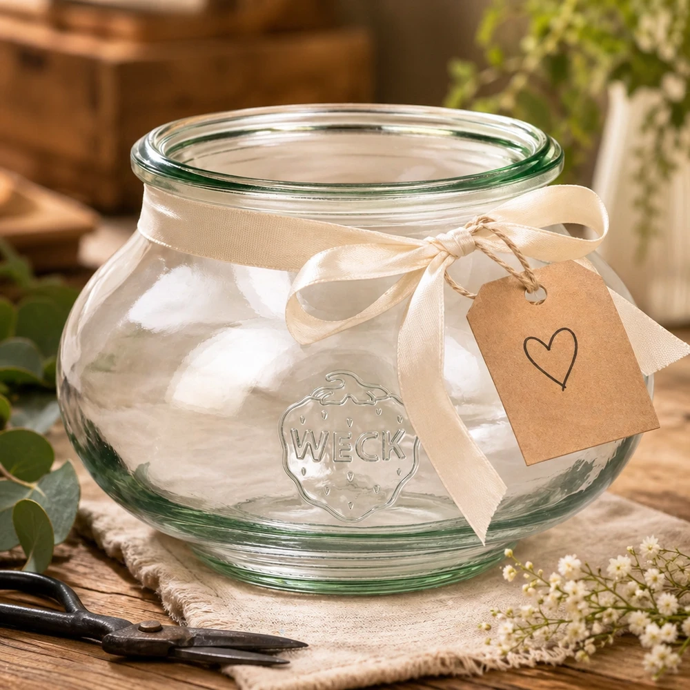 Tarro de cristal decorativo WECK RR80 de 560 ml Tarro decorativo WECK 560ml RR80 decorado con cinta color crema y colgante corazón sobre mesa de madera