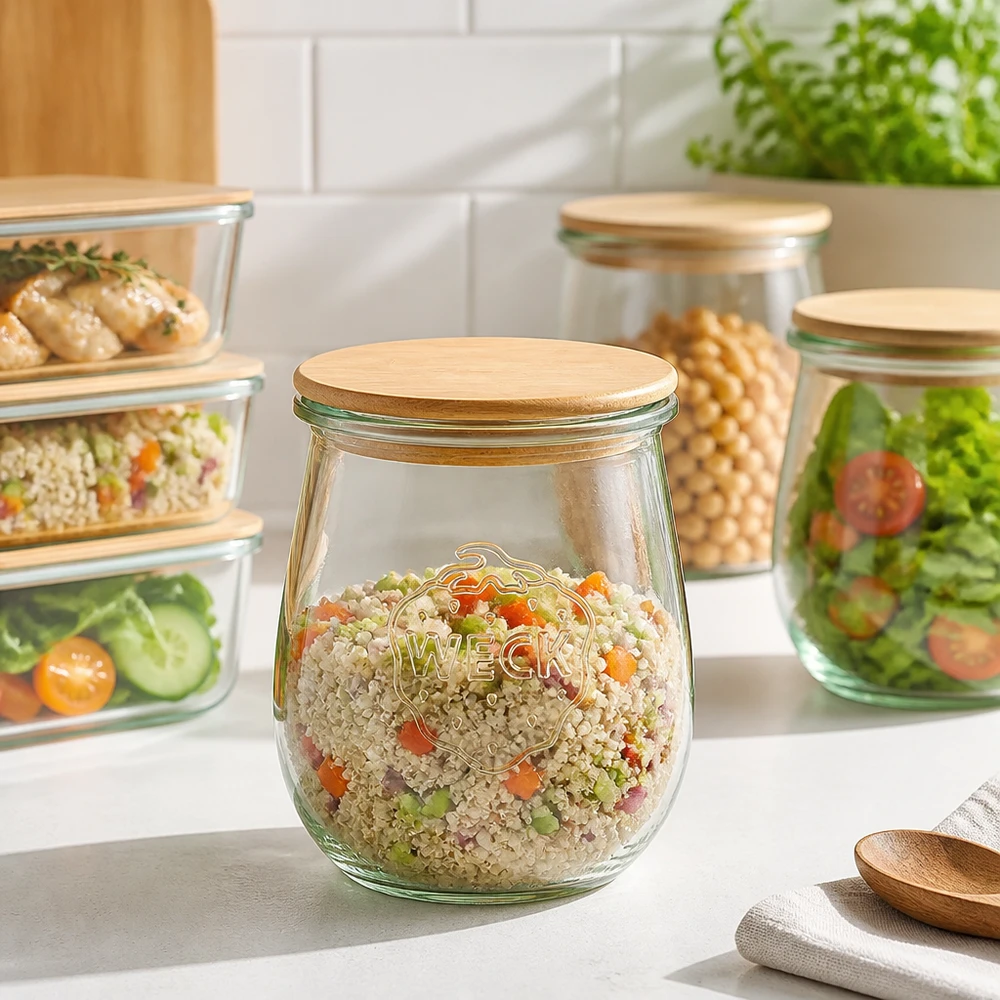 220ml tarro tulipán WECK RR60 con tapa de madera WECK tarro tulipán 220ml RR60 tapa de madera para Meal Prep - tarro de almacenamiento con ensalada de verduras quinoa en una cocina moderna