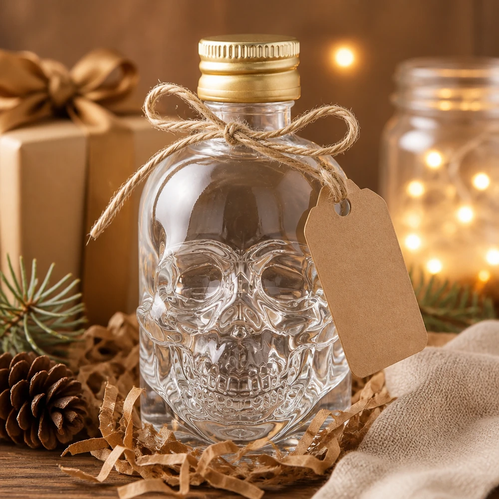 50ml botella de vidrio Hector cráneo vacío con embalaje de regalo colgante de papel artesanal en acogedora decoración de Navidad