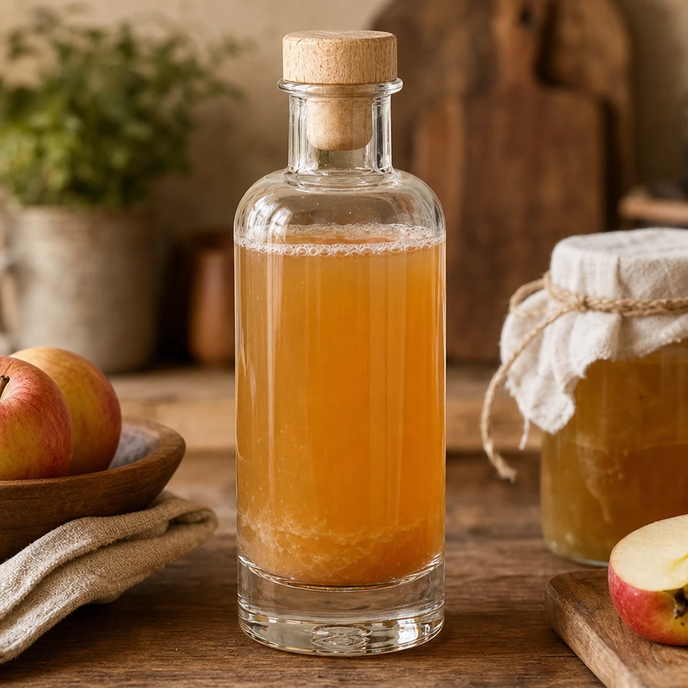 Botella de vidrio de 200 ml «Ella» con tapón de corcho con asa de madera UNiTWIST® Botella de cristal Ella de 200 ml con tapón de madera llena de vinagre de manzana junto a manzanas frescas y tarro de miel en cocina rústica