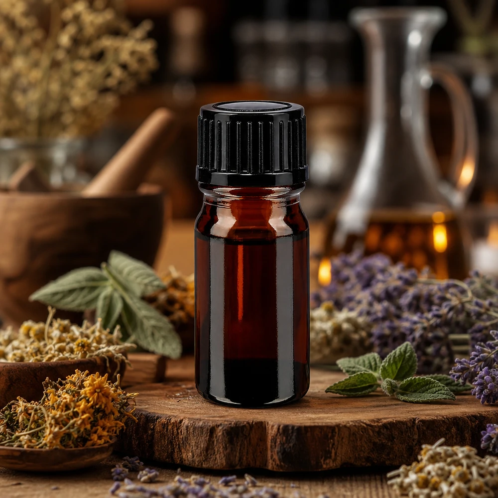 Frasco de cristal de 5 ml de color ámbar con tapón de rosca negro, rodeado de hierbas secas