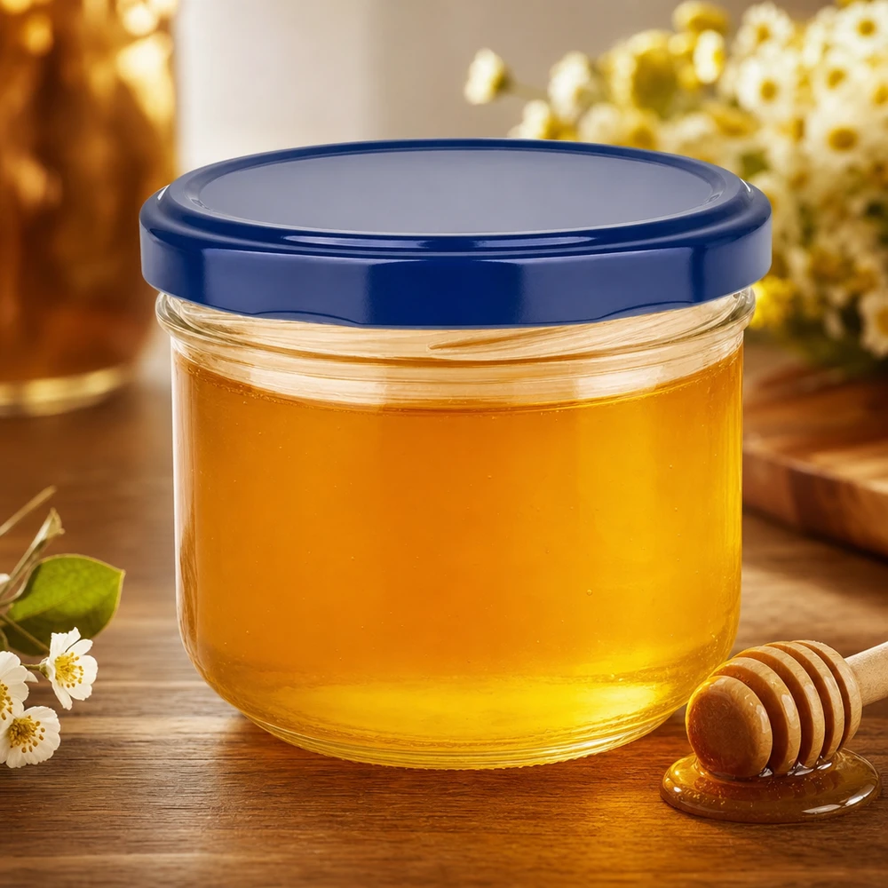 Tarro de 260 ml con tapa BasicSeal azul lleno de miel - ideal para mermeladas y cremas para untar