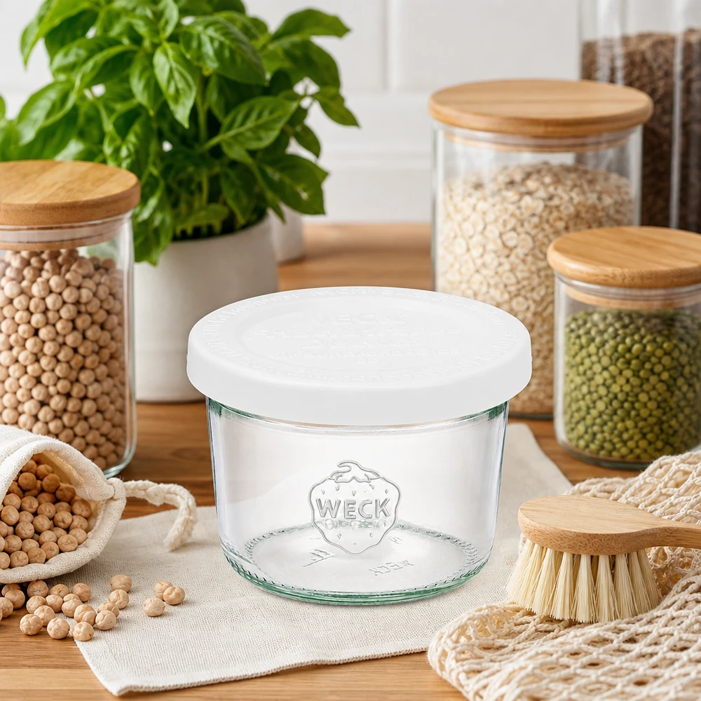 Vaso de cristal de 80 ml con tapa hermética WECK RR60 Vasos WECK 80ml RR60 en cocina sostenible con tarros para almacenar legumbres y utensilios de residuo cero en madera