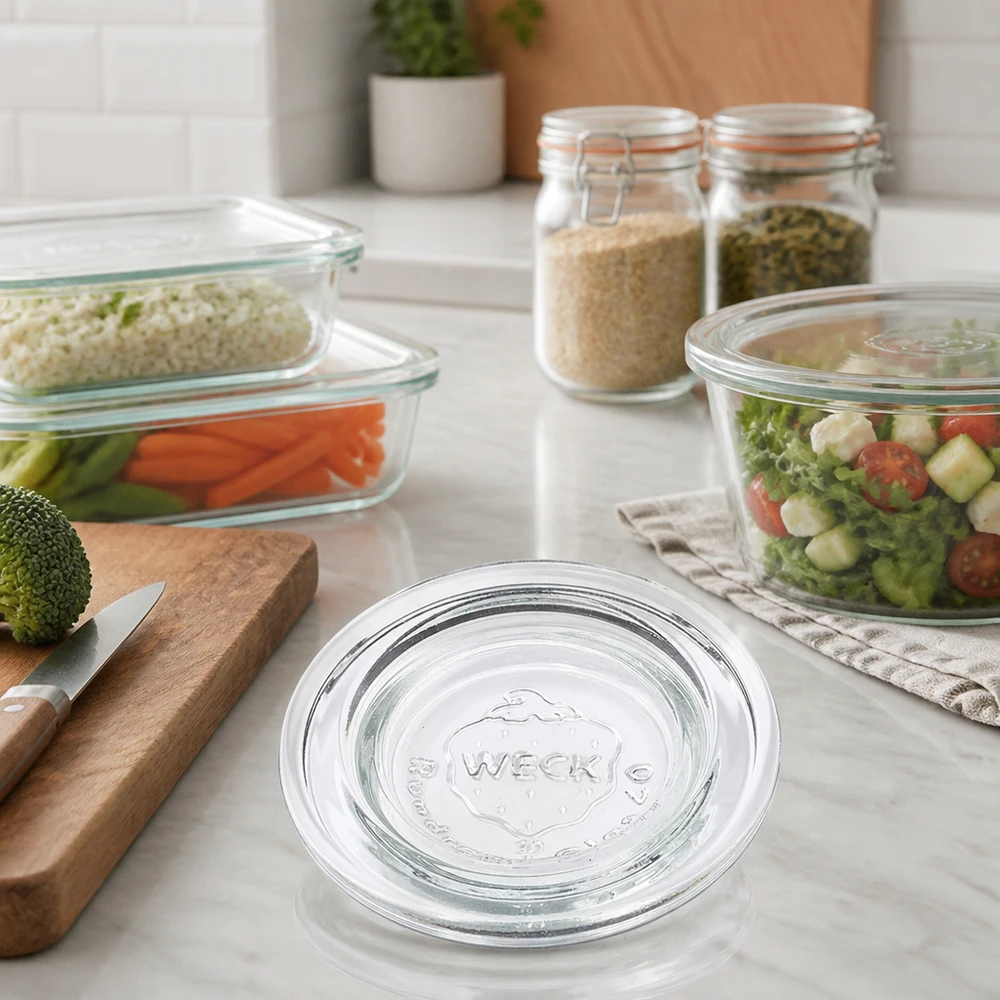 Tapa de cristal RR40 de WECK para preparar y almacenar comidas en cocinas modernas con verduras y especias