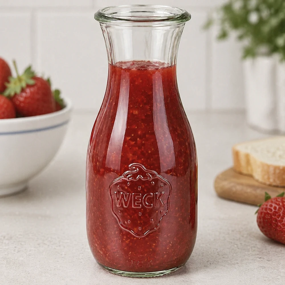 Botella para zumo WECK RR60 de 530 ml WECK Saftflasche 530ml RR60 mit rotem Erdbeermus gefüllt neben frischen Erdbeeren und Brot in heller Küche