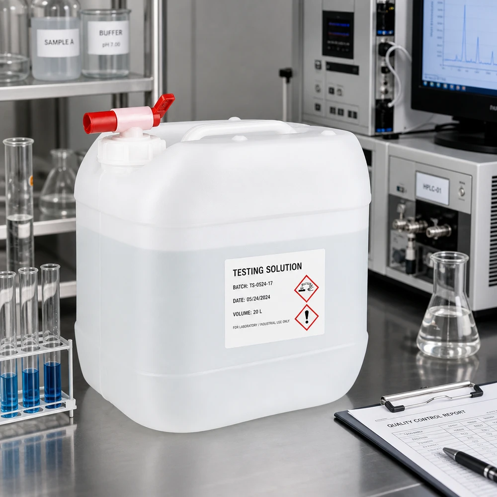 Bidón de plástico transparente de 15 litros con etiquetado de peligro GHS para uso en laboratorio