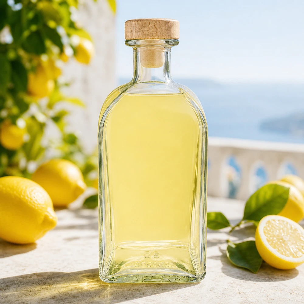 Botella de farmacia de Julia ml «Carre» con tapón de corcho con asa de madera UNiTWIST® Botella de cristal Julia de 500 ml con tapón de madera rellena de licor de limón en un ambiente mediterráneo con limones frescos