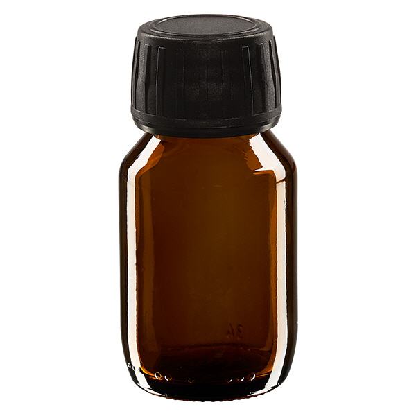 Frasco medicamento 50ml marrón, tapón negro con precinto de seguridad ApoGlas Frasco medicamento 50ml marrón, tapón negro con precinto de seguridad ApoGlas