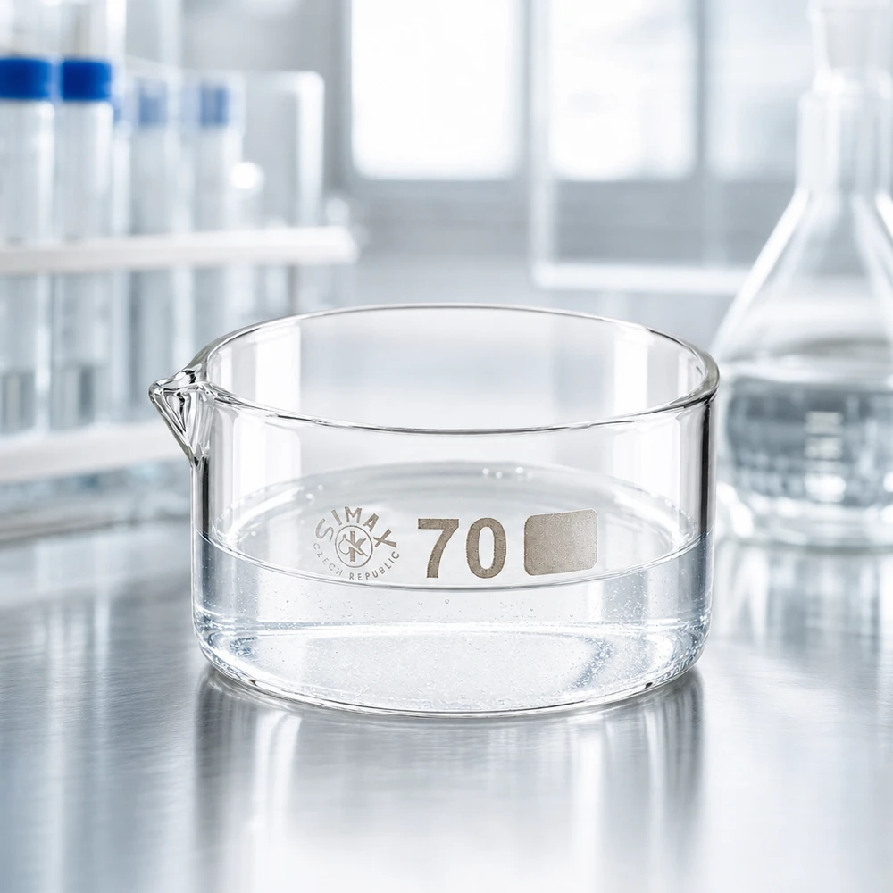 Recipiente de cristalización vacío de 100 ml, de vidrio de laboratorio, con pico corto, sobre una superficie de acero inoxidable