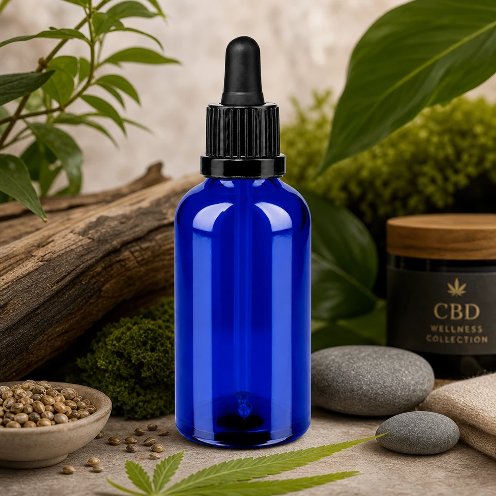 Frasco pipeta premium de 50 ml en elegante azul cobalto con tapón cuentagotas ergonómico negro